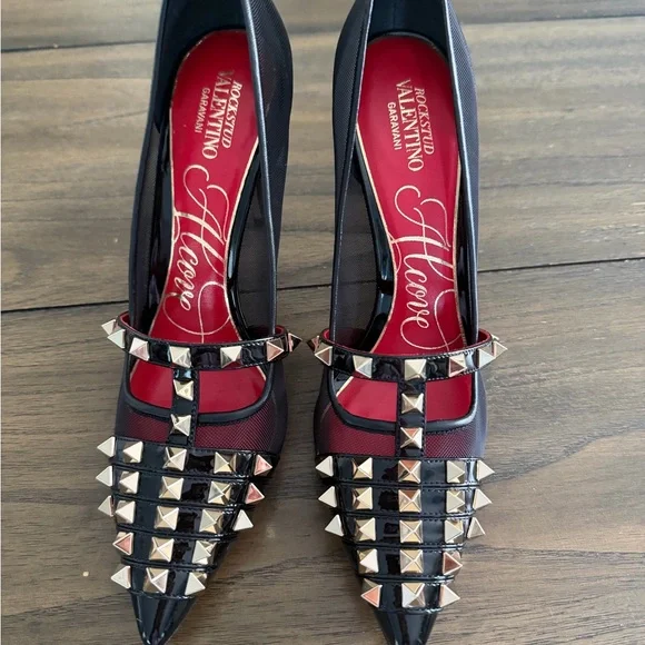 Valentino Garavani Black and Red Studded Heels - Picture 2 of 6